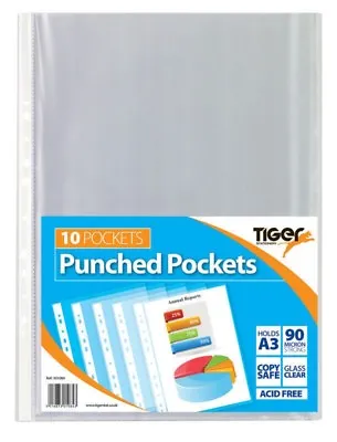 Pack Of 10 A3 Portrait Punched Pockets (90 Micron) - Ring Binder Sleeves Wallets • £3.79