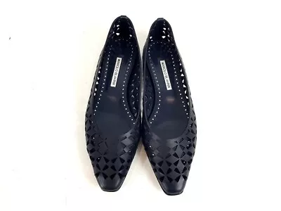 Manolo Blahnik Navy Laser Cut Leather Gelista Flats Shoes Size 40 • $189.99