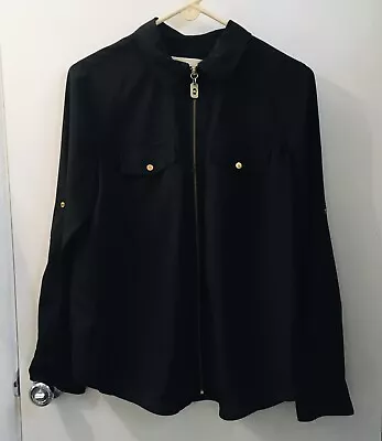 Michael Kors Black Zip Up Top W/ Roll Sleeve & Gold Lock Hardware Size Large • $20.79