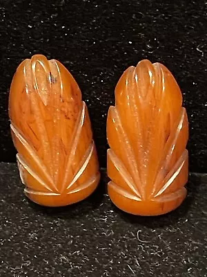 Pair Of Vintage Original Pumpkin BAKELITE Carved Ornate Dress Clips • $7.99