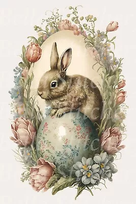 Vintage Victorian Easter Bunny & Flowers #7 - 6x10 Craft Cotton Fabric Block • $14.80