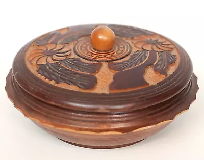 Vintage Wooden Bowl & Lid Hand Carved Floral Relief Folklore Art Mid Century • £18.99