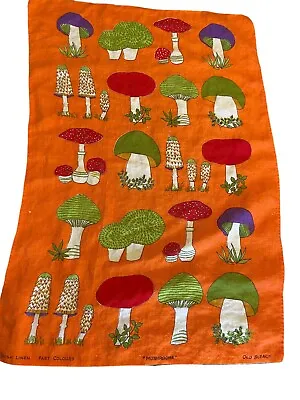 VTG Old Bleach Irish Linen Tea Kitchen Dish Towel Mushrooms Orange • $44.99