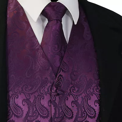 Deep Dark Purple Paisley Tuxedo Dress Vest Waistcoat & Neck Tie Wedding 20-FF • $24.36