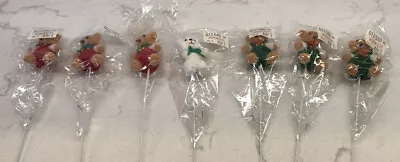 Vintage Christmas Floral Picks Flocked Teddy Bears NOS Lot Of 7 (A) • $14.87
