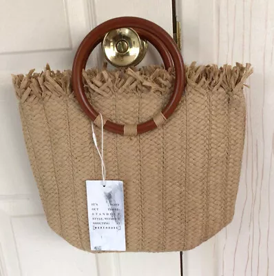 Womens Shoulder  Grab Tote Bag Warehouse Paper Straw Handles Lined Tan • £11