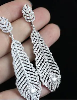 Gorgeous Feather Clear Crystal Bridal Earrings Chandelier Rhinestone Earrings • £8.89