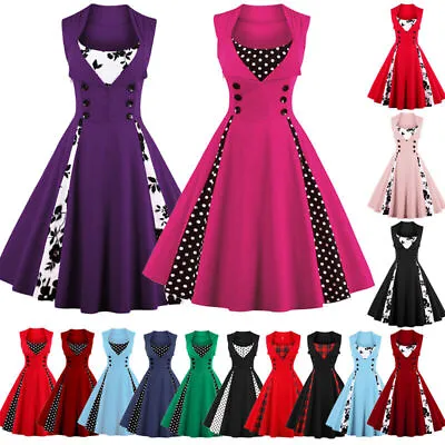 Womens Vintage Style 50s 60s Rockabilly Evening Party Swing Dress Plus Size 8-24 • $28.31