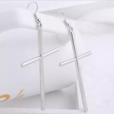 $0.01 • Buy Women's Large Vintage Style Of Cross Dangle Punk Rock Silver Earrings Jewelry