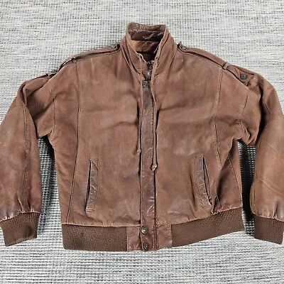 Vintage 1980s Leather Jacket Hunters Run Brown With Map Design Lining Size M • $35.99