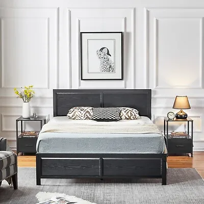 3 Piece Bedroom Furniture Set Black Queen Size Platform With Nightstands Modern • $240.99