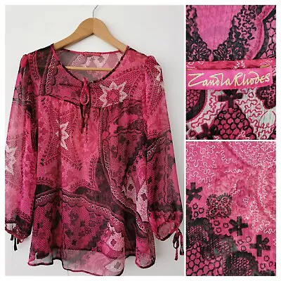 Zandra Rhodes X Marks Spencer Blouse Sheer Sleeved Pink Print Size 14 • $12.62