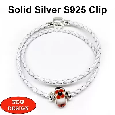 Double Leather Bracelet S925 Silver Clip Stoppers & Murano Charm  Orange Flower • £14.99