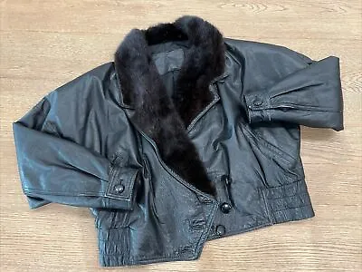 GB New York Vintage Retro Leather Fur Mink Collar  Jacket Woman’s Large L • $59.99