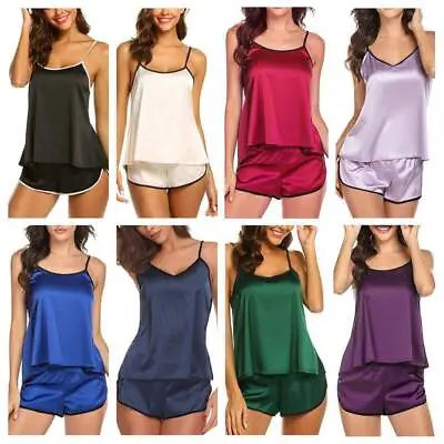 Women Satin Pyjamas Set Sleepwear Nightwear Ladies Pjs Silk Cami Shorts 2PCS Pjs • £7.49