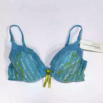 NEW Elle MacPherson 34B Sheer Ribbons Contour Bra Lace Underwire Blue Print Bow • $49.98