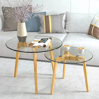 Glass Coffee Table Round Clear Nesting Tables Set Of 2 Transparent Modern Acce • $110.99