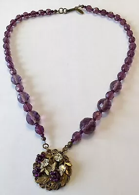 Vintage Miriam Haskell Signed Purple Glass Bead Pendant Necklace • $225