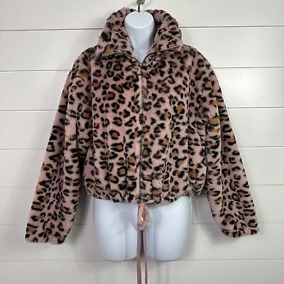 Know One Cares Victoria's Secret Pink Leopard Print Faux Fur Bomber Jacket Sz XS • $12.99