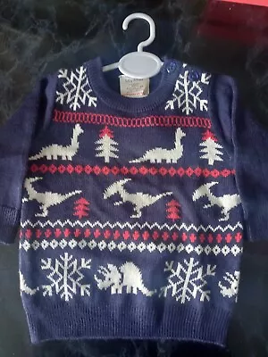 Baby Boy - Dinosaur Design Christmas Jumper - Navy & Red - Age 3-6 Months - NEW • £1.99