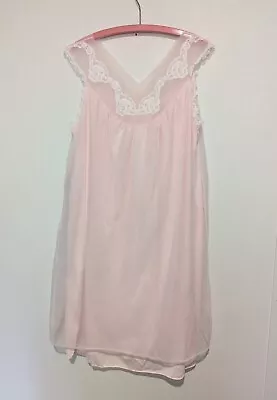 60s Vintage Pink Chiffon Tricot Nightie Nightgown M/ L B46 Lace Baby Doll • $18.95