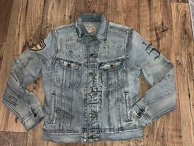 Polo Ralph Lauren Distressed Trucker Denim Jacket Graffiti Varsity Patch Med • $139.99