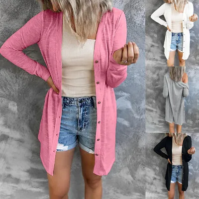 Womens Long Sleeve Cardigan Ladies Boyfriend Open Front Button Shirts Coat Tops • £4.59