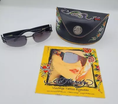 Vintage ED HARDY Rhinestone Bulldogs Skulls Snake Roses Sunglasses Case Cloth • $75