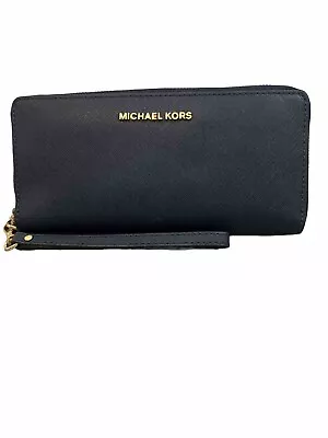 Michael Kors Zip Around Wallet Navy Blue Leather 8.5” ~ 4” • $34.99