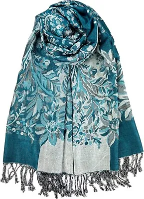 Sparkling Floral Pashmina Scarves Reversible Shawls Fancy Women Wraps Blue Beige • £16.38