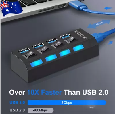 4 Ports USB 3.0 HUB Powered Splitter Extender PC AC Cable Charger High Speed AU • $16.79