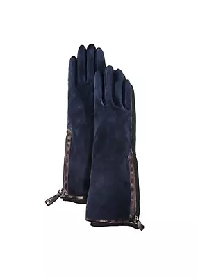 PORTOLANO Womens Gloves Zip Detail Suede Silk Lined Navy Blue Size 7 $182 - NWT • $49.99