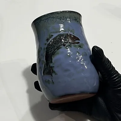 Hand Made Glazed Pottery Mug/Vase Applied Fish Design Signed Pottery • $14.83