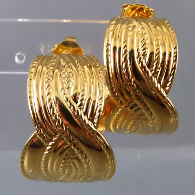 Vintage WIDE WOVEN HOOP EARRINGS Braided Style HEAVY GOLD TONE Haute Couture • $8.96