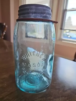 WHITNEY Mason Jar Aqua Quart Fruit Jar PAT'D 1858 Small Print & Seal Antique Jar • $18.95