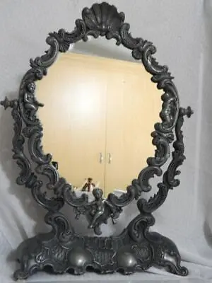 Vintage Ornate Oval Pewter? Pedestal Dresser Top Cheval Vanity Mirror W Cherubs • $75