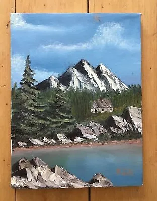 VTG Hand Painted Original Painting On Canvas Snow Covered Mountain Cabin River • $24.95