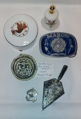 Vintage Masonic Trowel Belt Buckle Sterling Pendant Raleigh Seal Box & Bell • $28