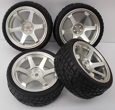 1/10 RC Car On Road/rally/touring Alloy Wheels & Tyres X4 Block Tread Silver • £22.99