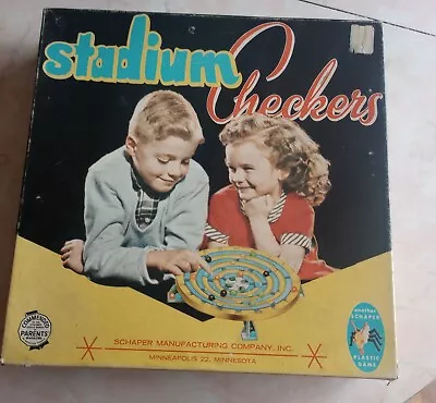 Vintage 1952 Stadium Checkers Board Game Schaper  W/ Marbles Original Box Clean • $15