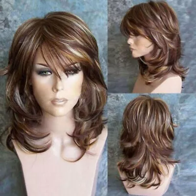 Women Curly Wavy Mixed Color Brown Hair Wig Synthetic Natural Wigs Cosplay Party • £12.64