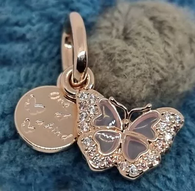 Genuine Pandora Rose Gold Pink Butterfly & Quote Dangle Charm  💕 ALE MET  • £40