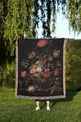Floral Gothic Woven Blanket Vintage Floral Painting Woven Tapestry • $39.99