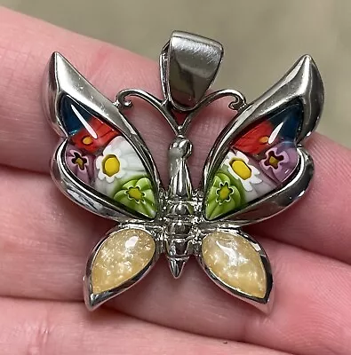 Pretty Signed Alan K 925 Sterling Silver Butterfly Millefiori Glass Pendant • $34.99
