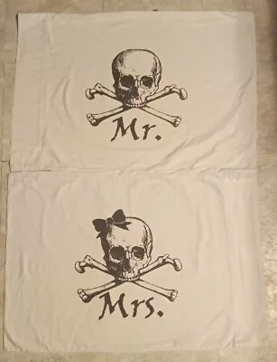  2 Mr. & Mrs. Pillow Cases SKULLS  White  Goth Newlyweds Rock Bedding  • £19.27