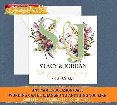 Personalised Wedding Day Card Bride Groom Congratulations Initials Flowers • £2.95