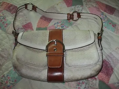 Coach Egg Shell White Canvas & Brown Leather Shoulder Bag Handbag Purse Tote 389 • $72.25