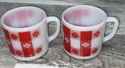 Lot Of 2 Milk Glass W/Red & White Gingham Pattern Coffee Mugs By Federal Glass • $15.95
