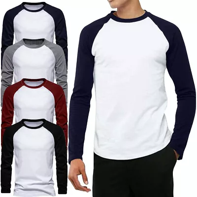 FOTL Mens Contrast Baseball Long Sleeve T Shirt Casual Top 100% Cotton 4 Colours • £6.97