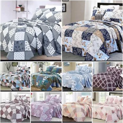 £21.99 • Buy 3 Piece Quilted Patchwork Bedspread Printed Comforter Throw Set Double King Size